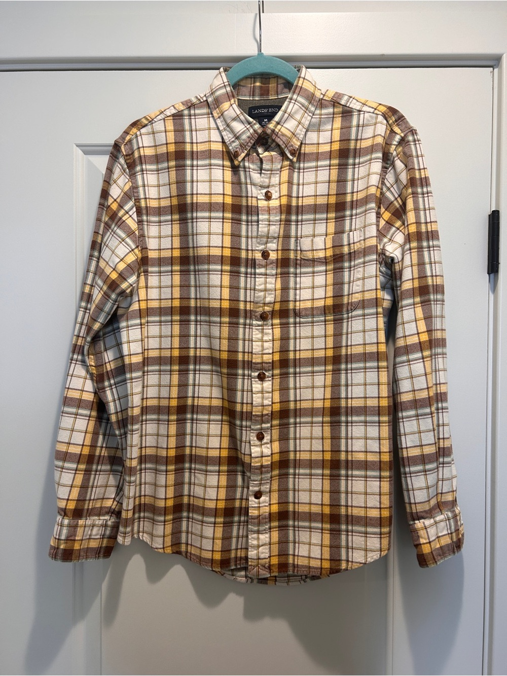 Lands' End Men's Yellow Brown Plaid Button-Down Shirt Medium